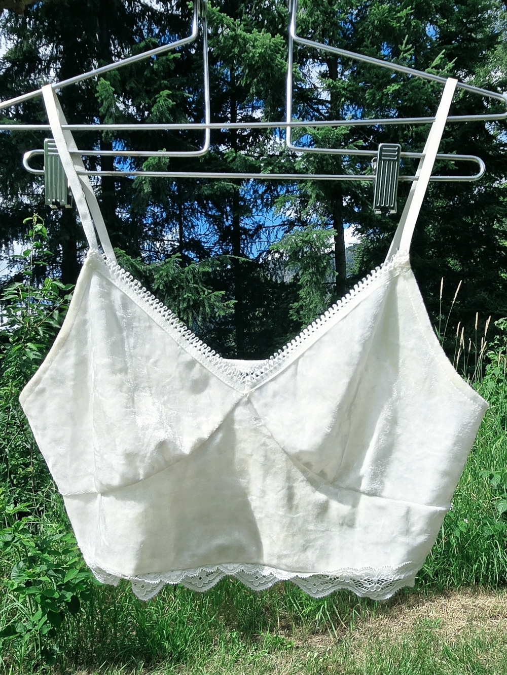 White Velvet Jacquard Floral Lace Trim Bralette Crop Top